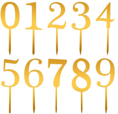 10pcs Number Cake Toppers, Acrylic Gold 0-9 Number for Cake Topper Happy Birthday Cupcake Picks for Wedding Birthday Anniversary Celebration Cake Decorations