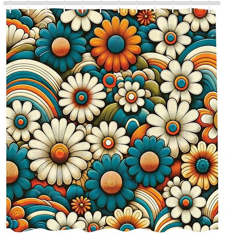 ABAKUHAUS Hippie Duschvorhang, Kamillenähnlicher Blüten Garten mit Wirbel Linien in Groovy Farben, Stoffliches Gewebe Badezimmerdekorationsset mit Haken, 175 x 200 cm, Orange Teal Elfenbein