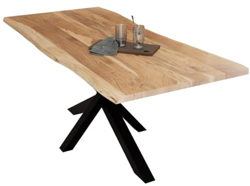Liadomo Esstisch 180x90 Diala Natur, Baumkantentisch, Baumkante, Akazie Massivholz Tisch, 35 mm Tischplatte lackiert, Robust & Pflegeleicht, Unikat, Spider-Gestell Metall schwarz