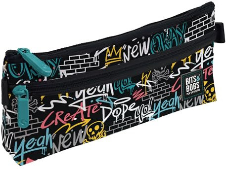 Grafoplás Flaches Federmäppchen für die Schule, 2 Taschen, 23 x 10 cm, Fächer mit Reißverschluss, leicht zu öffnen, Bits & Bobs Pop Up Design, Schwarz, 23x10cm, Wand