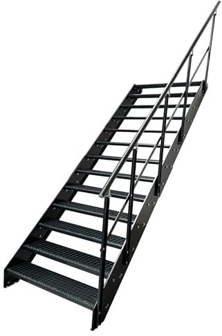 Kaminbau Mierzwa Premium Stahl Treppe mit Geländer rechts komplett Anthrazit RAL 7016/13 Stufen (Breite 1400 mm) (Höhe 247 cm) Wetterfest Gitterroststufe Gartentreppe
