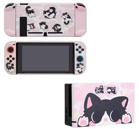 Kiloluv Pink Milk Cat Switch Protective Case & Dock Cover Set, Protective Skin Case Cover Faceplate Sleeve Compatible with Nintendo Switch Console, Joy-Cons and Charging Dock