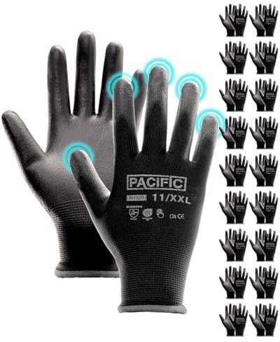 PACIFIC 18 Paare Schwarz Sicherheits-Arbeitshandschuhe – Rutschfeste PU-Beschichtung, Leicht & Atmungsaktive, Ideal für Allgemeine Arbeiten, Gartenarbeit, Arbeitshandschuhe Herren & Damen gr 11/XXL