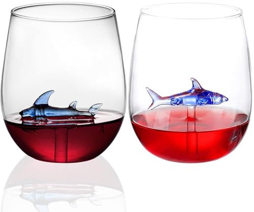 Hai-Weingläser mit Hai-Innenseite, einzigartige 3D-blaue Hai-Weingläser, Premium-Kristallgläser, Haifischbecher, Hai-Geschenke für Hai-Liebhaber, Hai-Themen-Geschenke, Ozeanweinglas, 500 ml, 2 Stück