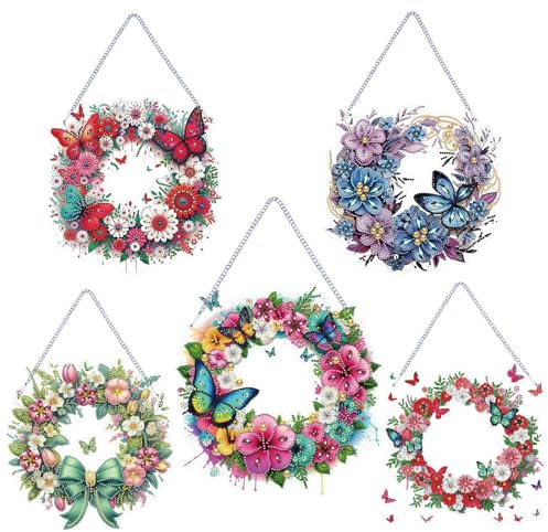 CXINLky DIY Diamond Painting Türkranz Anhänger mit Kette, Diamant Painting Fensterbilder, Schmetterling 5D Diamond Malerei Wandbehang Kits für Fenster Wand Eingang Garten Decor-5 Stuck-C