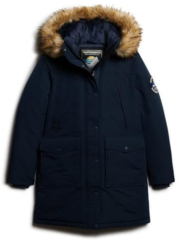 Superdry Damen Everest Parka mit Kunstfellbesatz Nordisch Chrom Marineblau 34