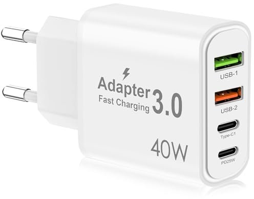 Soodyoow Chargeur USB C, 4-Port Prise Chargeur USB Multiple, 40W USBC Chargeur Rapide, Multiple Type C Chargeur Adaptateur pour iPad,Samsung S23 S22 S21