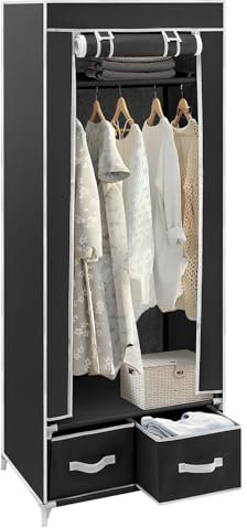 Trintion Portable Wardrobe 160 x 60 x 43CM Single Canvas Wardrobe Clothes Storage Organizer with 2 Drawers and Hanging Rail for Living Room, Bedroom (Black)