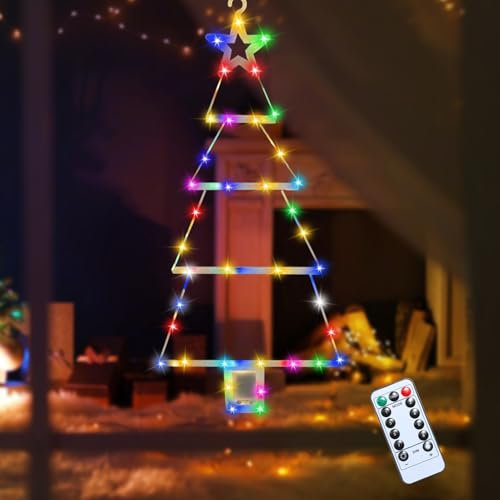 Lergas LED Weihnachtsbaumform Leiter Lichterkette, Weihnachtsbeleuchtung mit 8 Modi & Timer Fernbedienung, Hängend Weihnachtsbaumform Lichterkette Batteriebetrieben für Weihnachtsdeko (Bunte 67 cm)