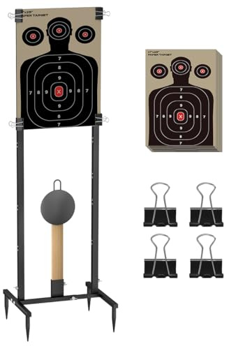 Balie Space 2-in-1 Shooting Target Stand Holder with 10pcs 17x25 Inch Paper Targets for Outdoor, Heavy Duty Range Base Adjustable Width from 8 to 24 for Cardboard Silhouette and Steel Target, Black