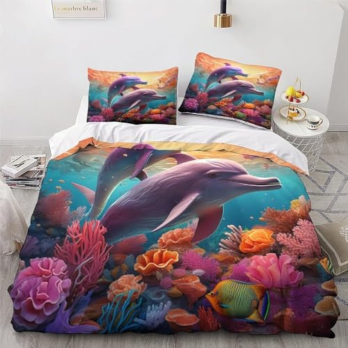 Zbeiba Delfin 3D Muster Bettwäsche 135x200cm Bettbezug Set Mikrofaser Angenehme Bettbezug und 2 Kissenbezug 80x80cm 3 teilig,#8,Weich & Bügelfrei Bettbezüge Mit Reißverschluss