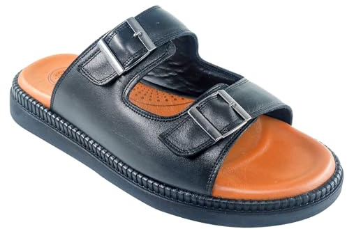Lusco Men's Leather, Adjustable Buckle Strap, Flat Sandals (Black, UK Footwear Size System, Adult, Men, Numeric, Medium, 7)