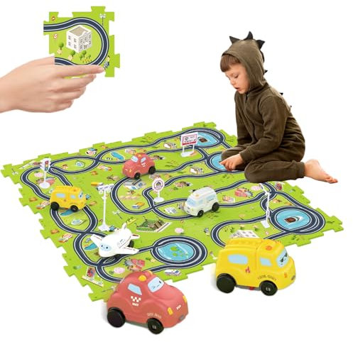 Bearbao Toddler Toys Gifts for 3 4 5 Year Old Boys, Total 16 Pieces Jigsaw Puzzle Racer Track Car Set with 2 Cars for Kids Boys 3-5, Puzzle Tracks Car Toys Gifts for 3 4 5 Year Old Boys Kids