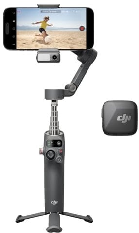 DJI Osmo Mobile 7P + Mic Mini TX (Nero infinity), Stabilizzatore per iPhone, Android, Tracciamento nativo, Ricezione audio, Illuminazione, Stabilizzatore 3 assi per smartphone, Manico telescopico