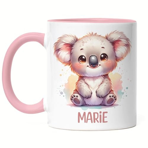 Kiddle-Design Kindertasse mit Namen Personalisiert, Personalisierte Tasse Kinder mit Koala, Namenstasse Koalatasse, Kinderbecher als Geschenk zur Taufe, Geburt Weihnachten - Tasse Rosa