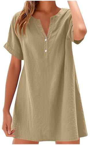 Femme T-Shirt Robe Manches Courtes Lin Coton Tunique Ample Casuel Robe avec Boutons ÉTé Couleur Unie Mini Robes Col en V Robes De Plage DéContractéE Et Chic Dress Grandes Tailles Dress