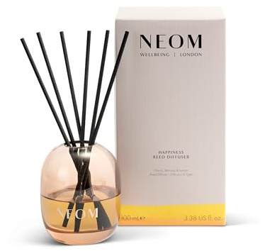 NEOM Happiness Reed Diffuser, 100ml | Neroli, Mimosa & Lemon I Lasts 12 weeks I Pure Essential Oils I 100% Natural I Refillable & Reusable