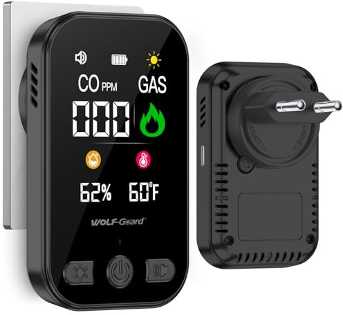 Wolf Guard 4 in 1 Rilevatore di Gas e Monossido di Carbonio con Spina per Casa, Rivelatore di Gas Combustibile per Gas Naturale LPG Metano Propano Butano, con Batteria, HD12-CG (nero)