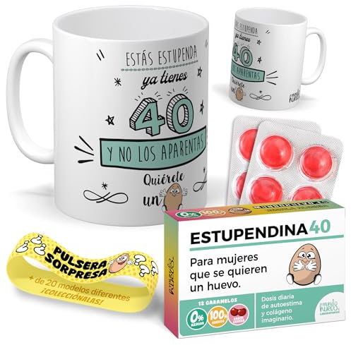 mundohuevo Kit regalo personalizado | Taza Ya tienes 40 y no los aparentas + Caramelos divertidos + Pulsera sorpresa | Regalo divertido, original y único para 40 cumpleaños.