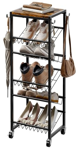 UNITSTAGE Drehbares Schuhregal mit 6 Etagen und Rollen, Schuhaufbewahrung aus Holz mit Haken, stabiles schmales Metall-Schuhregal für 6–12 Paar, vertikaler Organizer für Schrankeingang, rustikales