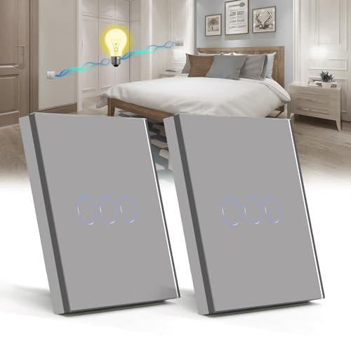 BSEED 2 Pack Touch Light Switch 3 Gang 2 Way, Tempered Glass Panel Light Switches with LED Indicator,Grey Touch Sensitive Light Switch-No Neutral Wire