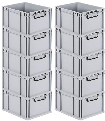 PROREGAL SparSet 10x Eurobox NextGen Color | HxBxT 22x30x40cm | 20 Liter | Griffe schwarz geschlossen | Glatter Boden | Grau | Eurobehälter, Transportbox, Transportbehälter, Stapelbehälter