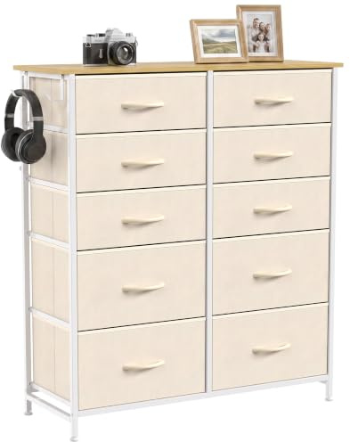 HOMCOM Chest of Drawers, Double Dresser for Bedroom with 10 Fabric Drawers, Tall Storage Unit with 4 Pockets, 2 Hooks and Steel Frame for Living Room, Hallway, Beige