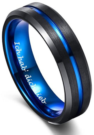 Vakki Ring Herren Damen 6mm Wolfram Ringe Graviert mit Ich hab' dich lieb Schwarz Blau Eheringe mit Rille für Männer Größe 52(16.6)