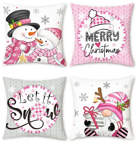COZZSNUGE Housses de Coussin Noël Rose Bonhomme de Neige Gnomes Chapeau Hiver Velours Taies d’Oreiller Décoratives pour Canapé Lit Maison Jardin Patio 45 x 45 cm 4 Pièces