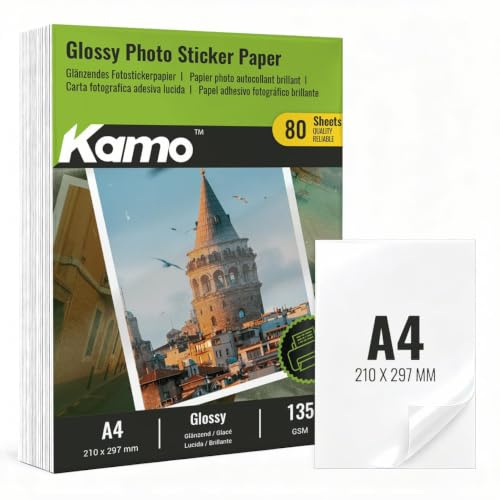 Kamo Selbstklebendes Fotopapier A4, Glänzend, 135 g/m², 80 Blatt | Inkjet-Papier für Sticker, Etiketten, Fotoaufkleber, Scrapbooking und DIY