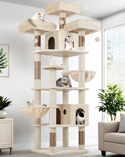 Globlazer Rascador para Gatos Beige XXL 209 cm con 3 Perchas Acolchadas, 2 Nidos, 2 Cesta, Grande Plataformas, Juguetes de Peluche, Lujo Árbol Rascador para 3-5 Gatos Adultos Interior (F82, Beige)