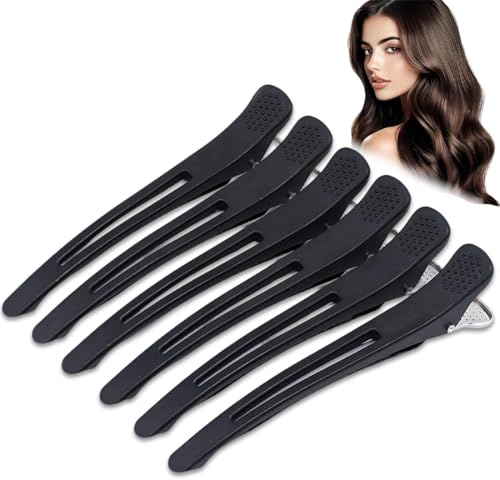 GILWUMO 6 Pinces à Cheveux pour Coiffure par Sections, Pinces Antidérapantes en Forme de Bec de Canard ne Laissant pas de Traces, avec Bandes en Silicone (Noir)