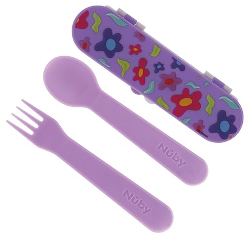 Nuby Toddler Utensils with Travel Case - Self-Feeding Fork & Spoon Set for Kids - Easy-to-Hold Training Utensils with Rounded Safe Edges for Independent Mealtime - Flowers