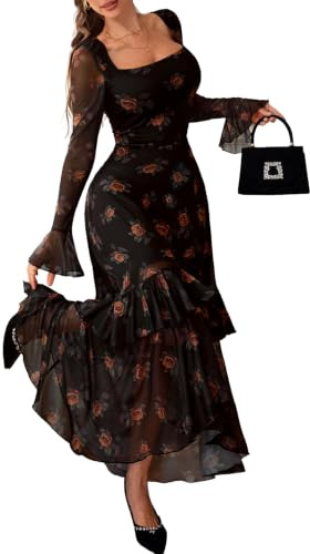 GothDark Women's Elegant Floral Long Sleeve Party Wedding Guest Maxi Dress | Fall Bell Sleeve, Double Layer, Square Neck, A-Line Ruffle Hem, Stretchy Fabric for Cocktail, Evening, Going 0ut, Casual Wear