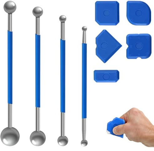 Set attrezzi per stuccatura 9 pezzi kit sigillante silicone con 4 tiralinee a sfera in metallo e 5 spatole in silicone diverse forme per fughe piastrelle bagno cucina fai da te riparazioni