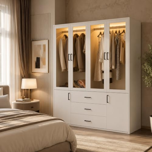Armario de 4 puertas con LED, armario armario armario con puertas de cristal, gran armario de almacenamiento con estantes y 3 cajones, armario moderno blanco (blanco, 160 x 51,8 x 182)