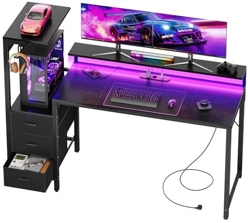 SOLAVERO Scrivania Gaming con LED e Presa, 152cm Scrivania Computer Reversibile con Ripiani & Cassetti in Tessuto, Tavolo Gamer con Supporto per Monitor e Gancio per Cuffie, Nero
