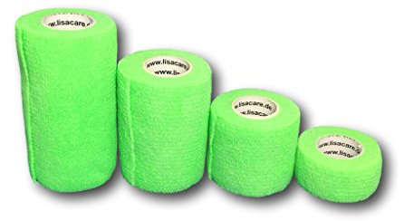 LisaCare NEON Pflaster | Kohäsive Bandage | Sportverband | Fixierbinde | selbsthaftend elastisch dehnbar | 4er Set - 2,5-10cm Breit x 4,5m | Farbauswahl (neongrün)