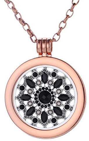Morella Damen Halskette Rosegold 70 cm Edelstahl mit Anhänger und Coin 33 mm Blüte Zirkonia schwarz in Schmuckbeutel