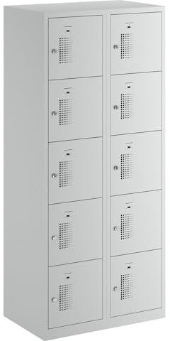 eurokraft Basic | 5er-Schließfachschrank | 2 Abteile, lichtgrau, B 800 mm, 10 Fächer, Zylinderschloss