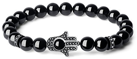 COAI Geschenkideen Glücksarmband aus Schörl Schwarzer Turmalin mit Pavé-Inspiration und Hamsa Hand für Damen und Herren