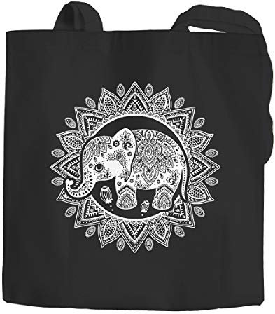 Jutebeutel Elefant Mandala Boho Bohamian Ethno Tribal Ornament Baumwolltasche Stoffbeutel Einkaufsbeutel Autiga® schwarz 2 lange Henkel