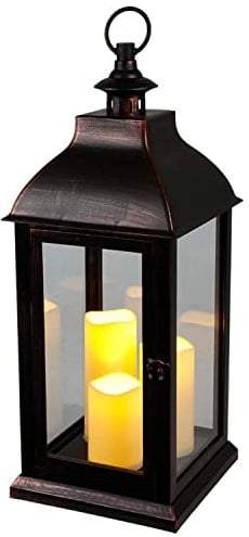 BURI XXL Laterne Vintage | Windlicht Schwarz mit 3 LED-Kerzen Flackereffekt | Laterne Kerzenhalter 60cm | große Dekolaterne mit Glasscheiben | Kerzenlaterne mit Timer | für den Innenbereich