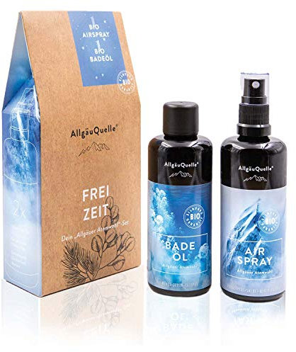 AllgäuQuelle® Bio Geschenk-Set FREI ZEIT mit 100% Bio-Öle Atemwohl | 1x Bio AirSpray 100ml + 1x Bio-Badeöl 100ml | Duft-Set naturrein und biologisch mit Eukalyptus, Salbei, Minze und Cajeput
