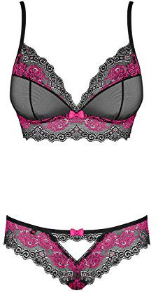Obsessive Completo Intimo Donna a 2 Pezzi: Reggiseno e Tanga, Nero/Fucsia, L-XL