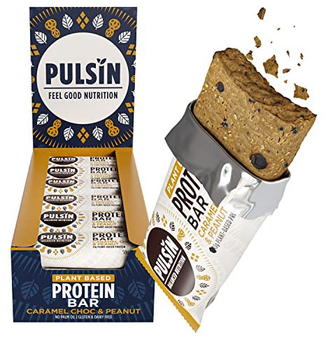 Pulsin - Caramel Choc & Peanut Vegan Protein Bars - 18 x 50g - 13g Protein, 5.1g Fibre, 240 Kcal Per Serving - Gluten Free, Plant Based, Palm Oil Free & Dairy Free Snack Bar