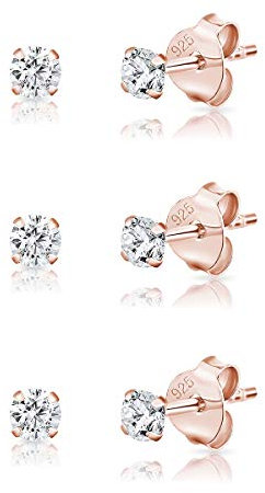 Set of Rose Gold Earrings for Women - Cubic Zirconia Stud Earrings CZ - Clear Ear Studs - Small Stud Earring Set - Tiny Gold Studs - Rose Gold Plated Earrings - 3 mm