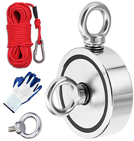 MEIXI 816KG Haftkraft Doppelseitig Neodym Ösenmagnet mit Seil (20M/66ft) und einem Paar Handschuhen, Super Stark Magnete Perfekt zum Magnetfischen Magnet Angel Ø 94mm mit Öse Neodymium Topfmagnet