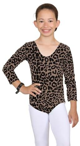 Janisramone Mädchen Kinder Neu Leopard Drucken Lange Ärmel Strecken Mikrofaser Tanz Gymnastik Leotard Bodysuit Oben