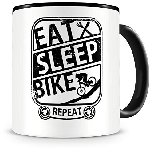 Samunshi® Mountainbike Downhill Tasse mit Spruch Eat Sleep Bike Repeat Geschenk Kaffeetasse groß Lustige Tassen zum Geburtstag schwarz 300ml